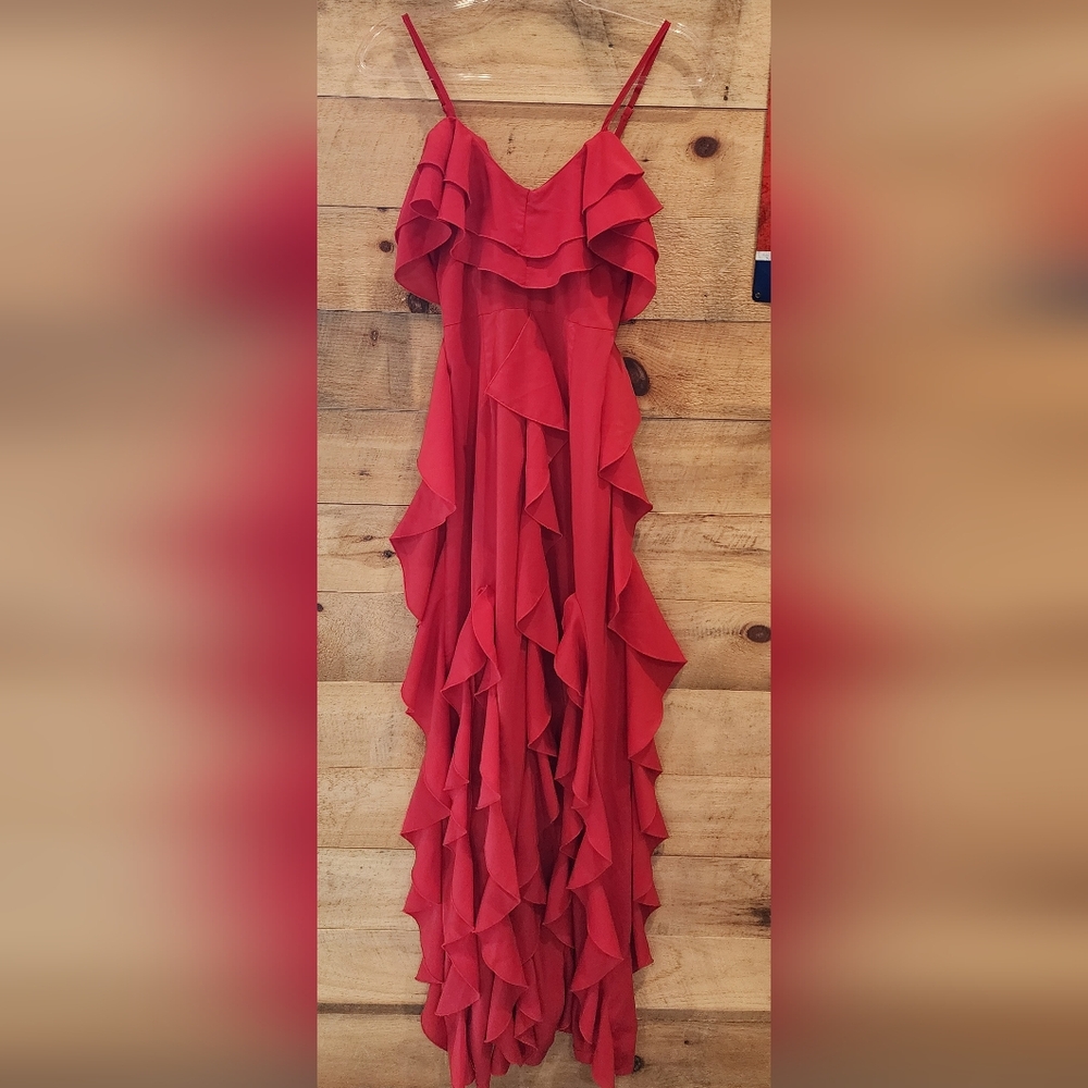 PrettyLittleThing Red Ruffle Cascade Maxi Dress - Picture 2 of 3